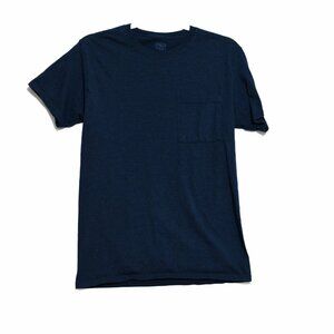 Athletic Mens Blue T-Shirt Solid Pocket Crew Neck Short Sleeve Cotton Size S